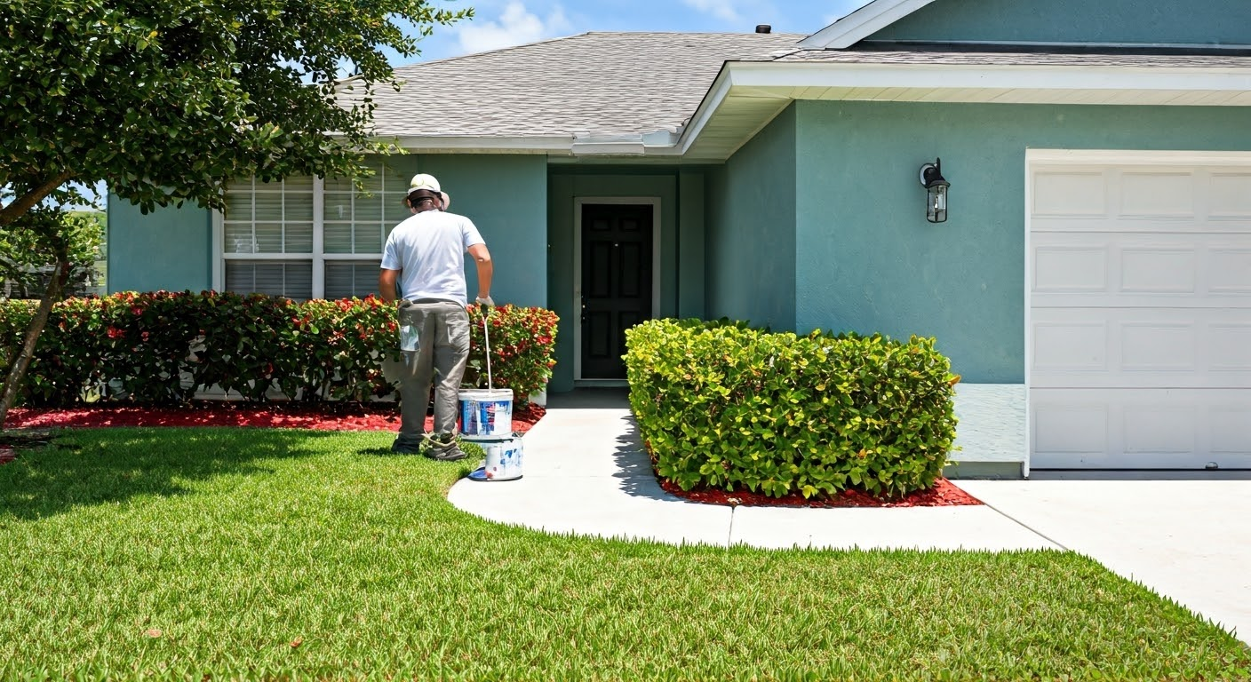 Worker painting rental property exterior.
